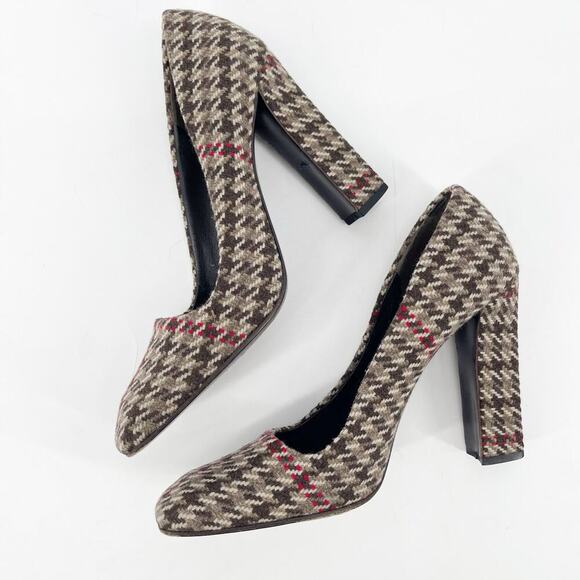 Prada Vintage IT 37 Brown Wool Houndstooth Square Toe Chunky Block Heel Pumps - Picture 4 of 11